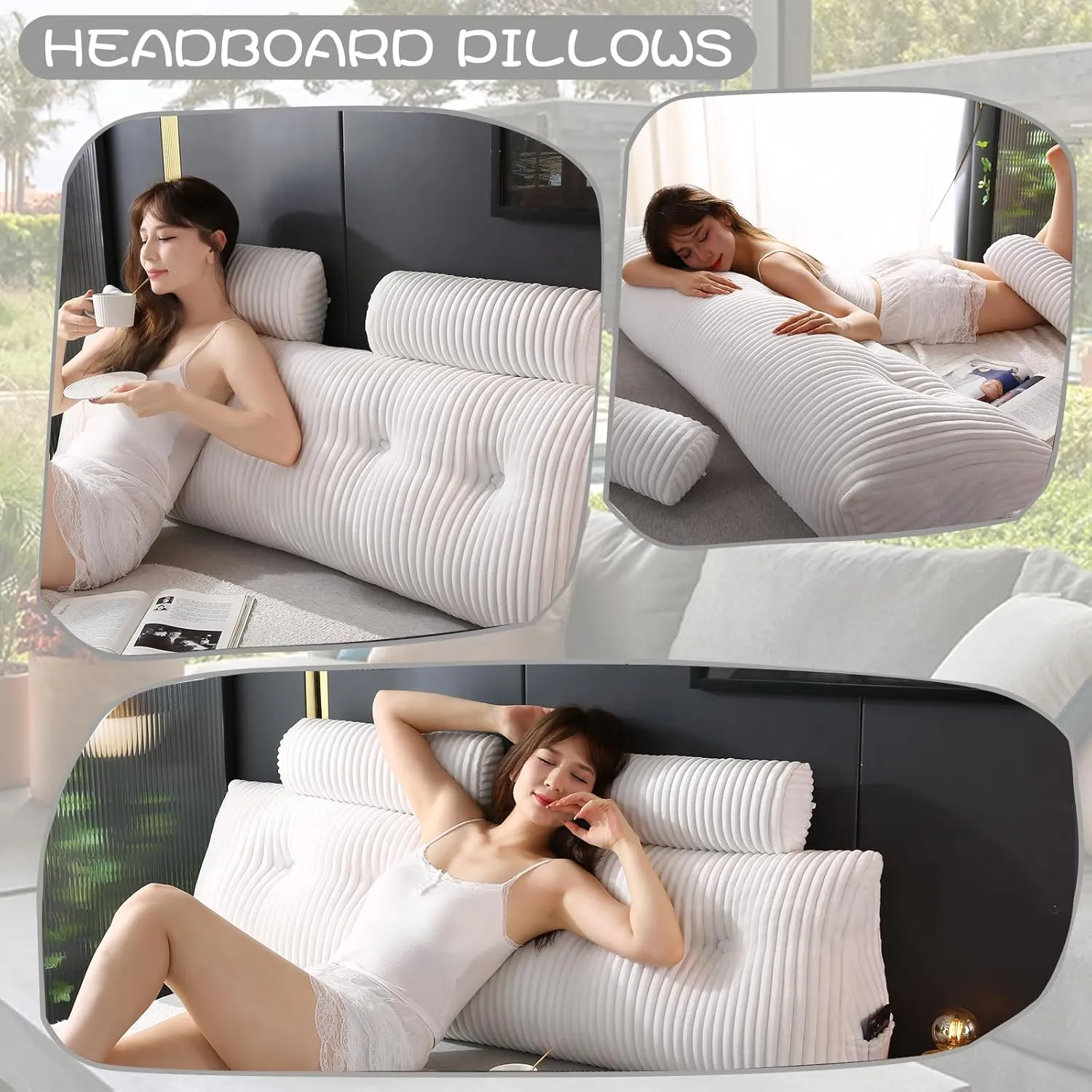 Headboard Wedge Pillow with 2 Pack Neck Roll Pillows Large Wedge Headboard Pillow Reading Pillow Soft and Supportive with Removable Cover