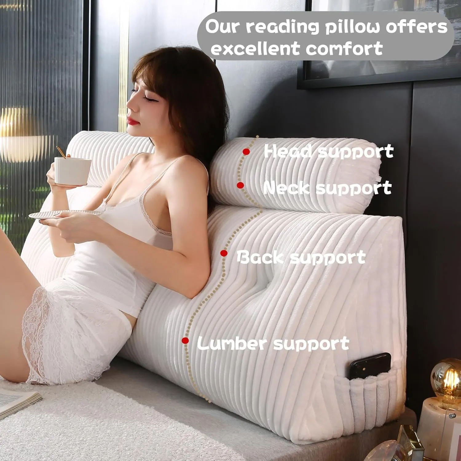 Headboard Wedge Pillow with 2 Pack Neck Roll Pillows Large Wedge Headboard Pillow Reading Pillow Soft and Supportive with Removable Cover