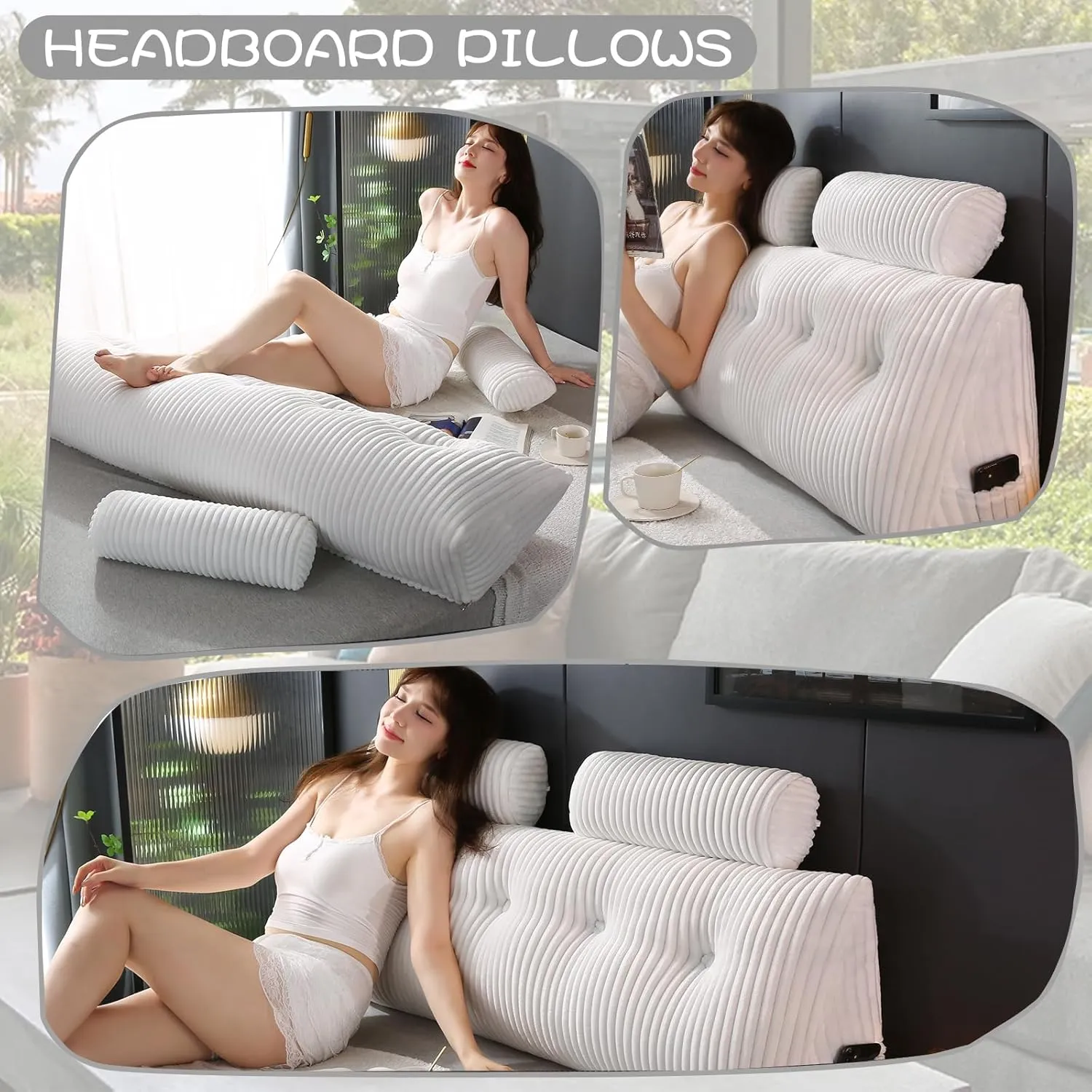 Headboard Wedge Pillow with 2 Pack Neck Roll Pillows Large Wedge Headboard Pillow Reading Pillow Soft and Supportive with Removable Cover