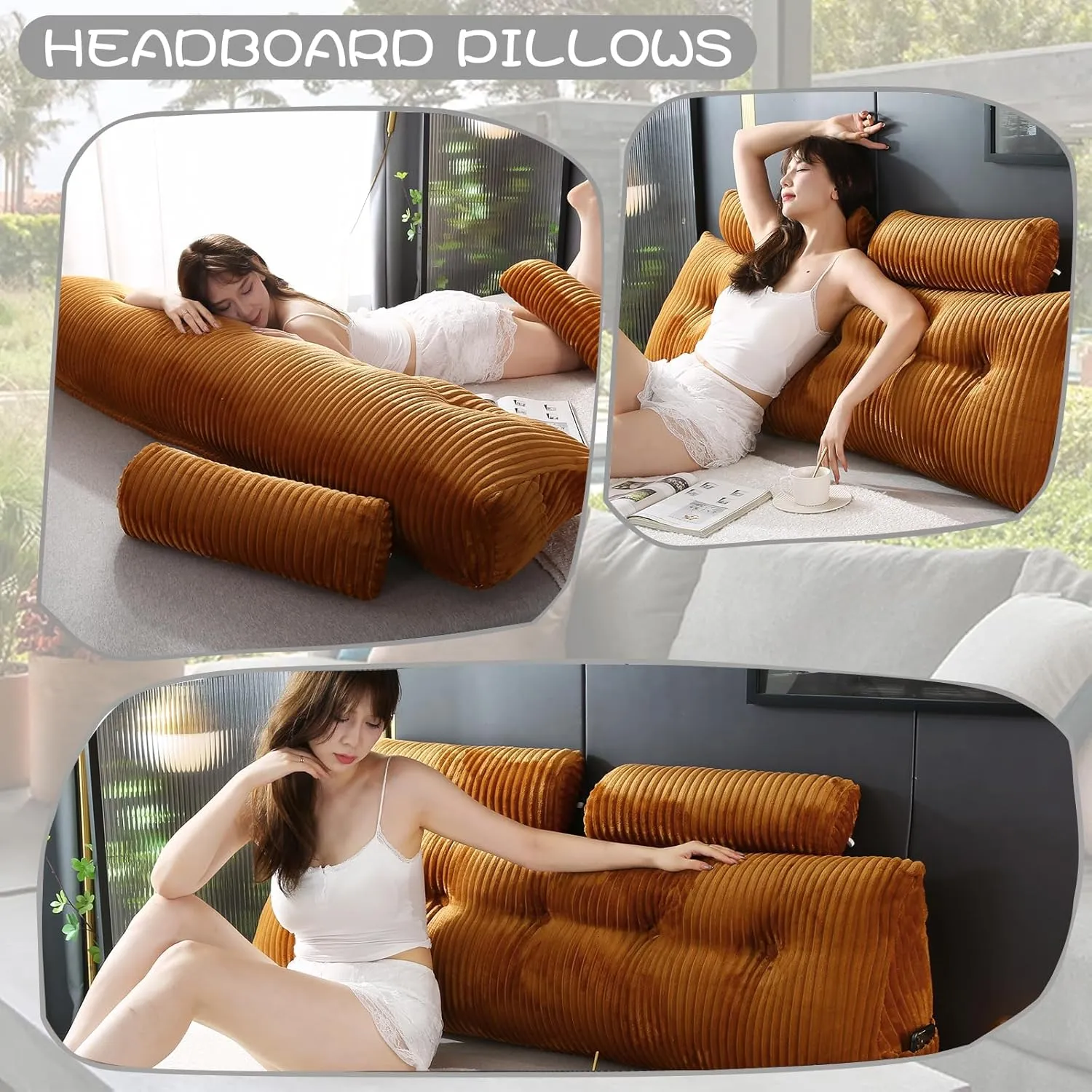 Headboard Wedge Pillow with 2 Pack Neck Roll Pillows Large Wedge Headboard Pillow Reading Pillow Soft and Supportive with Removable Cover