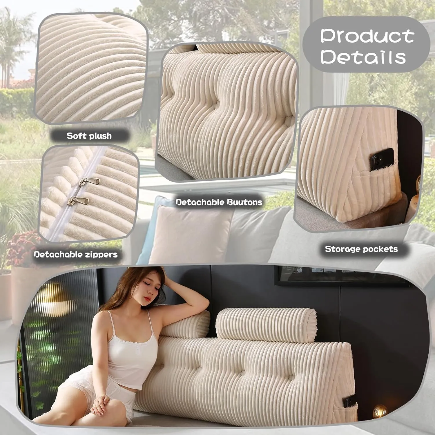 Headboard Wedge Pillow with 2 Pack Neck Roll Pillows Large Wedge Headboard Pillow Reading Pillow Soft and Supportive with Removable Cover
