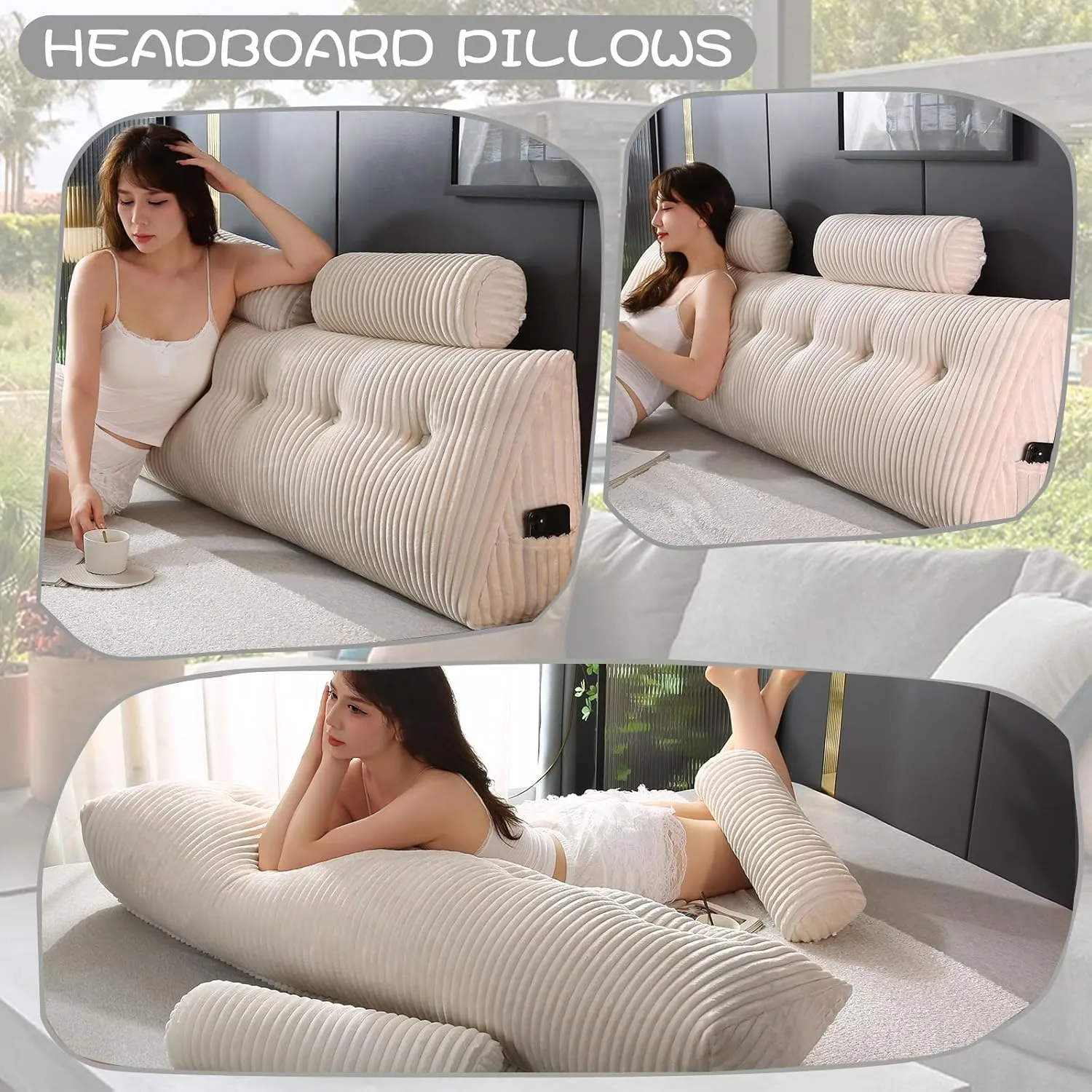 Headboard Wedge Pillow with 2 Pack Neck Roll Pillows Large Wedge Headboard Pillow Reading Pillow Soft and Supportive with Removable Cover