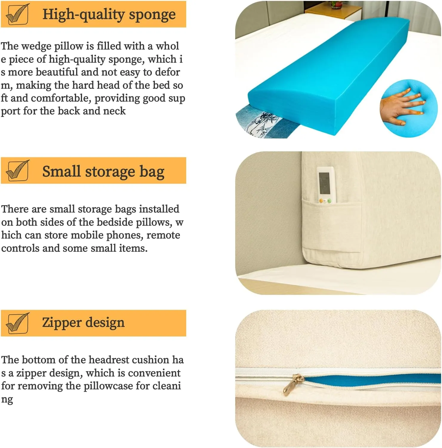 Headboard Wedge Pillow，King Headboard Pillow，Reading Pillow for Bed，backrest Pillows for Sitting in Bed,Perfect for Sitting, Reading or Working, with Removable Cover, Beige