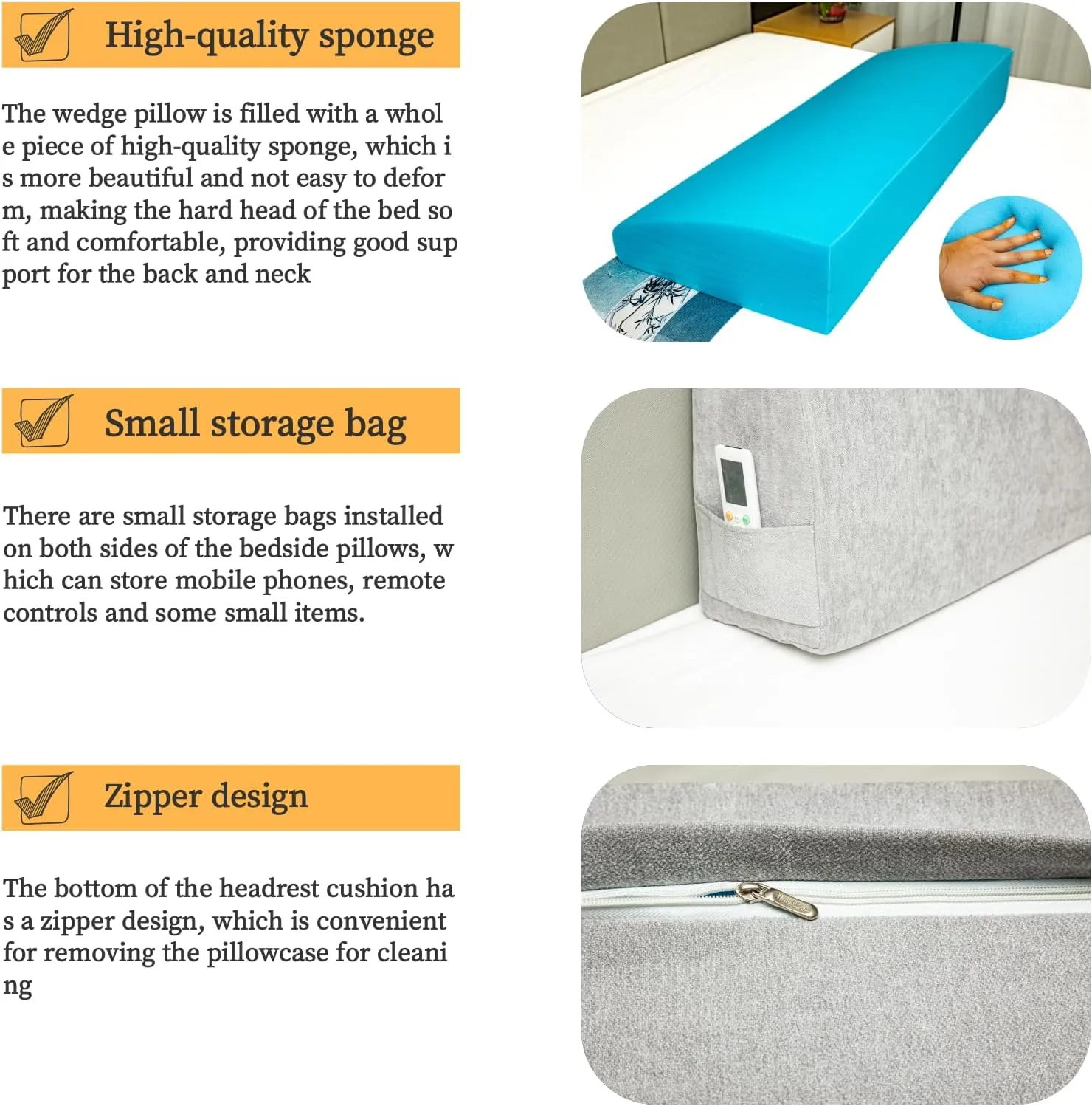 Headboard Wedge Pillow，King Headboard Pillow，Reading Pillow for Bed，backrest Pillows for Sitting in Bed,Perfect for Sitting, Reading or Working, with Removable Cover, Light Gray