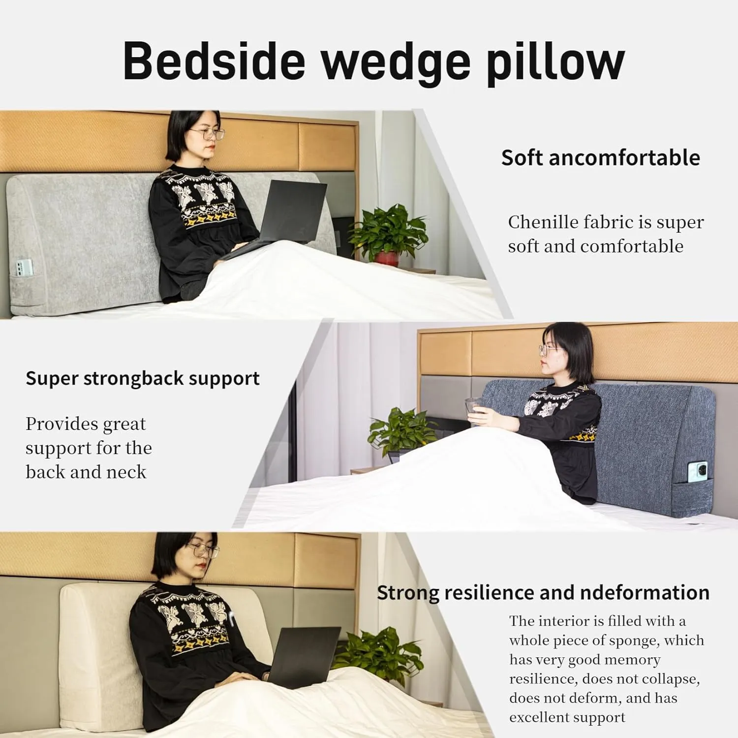 Headboard Wedge Pillow，King Headboard Pillow，Reading Pillow for Bed，backrest Pillows for Sitting in Bed,Perfect for Sitting, Reading or Working, with Removable Cover, Light Gray