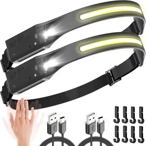 Headlamp Rechargeable, 230° Wide Beam LED Headlamp 2 Pack, Head Lamps LED Rechargeable Super Bright, Motion Sensor Rechargeable Headlamp USB C, 5 Modes Hard Hat Light, Head Flashlight for Adults