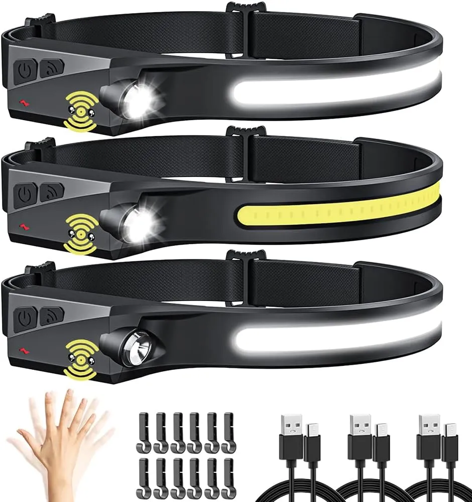 Headlamp Rechargeable 3Pack, LED Headlamp Flashlight with Motion Sensor, 230° COB Wide Beam Head Lamp, 5Mode Head Lights for Forehead Waterproof, Bright Headlamps for Adults Running Camping