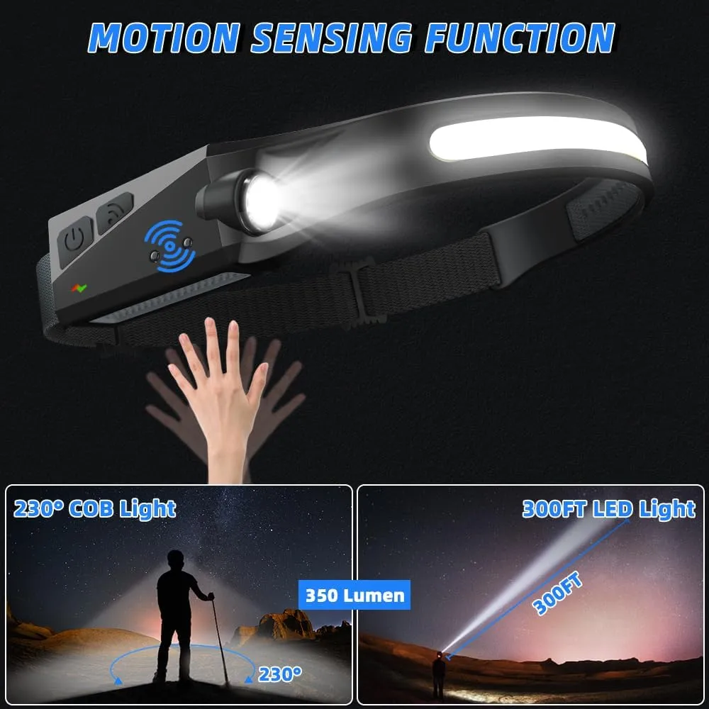Headlamp Rechargeable 3Pack, LED Headlamp Flashlight with Motion Sensor, 230° COB Wide Beam Head Lamp, 5Mode Head Lights for Forehead Waterproof, Bright Headlamps for Adults Running Camping