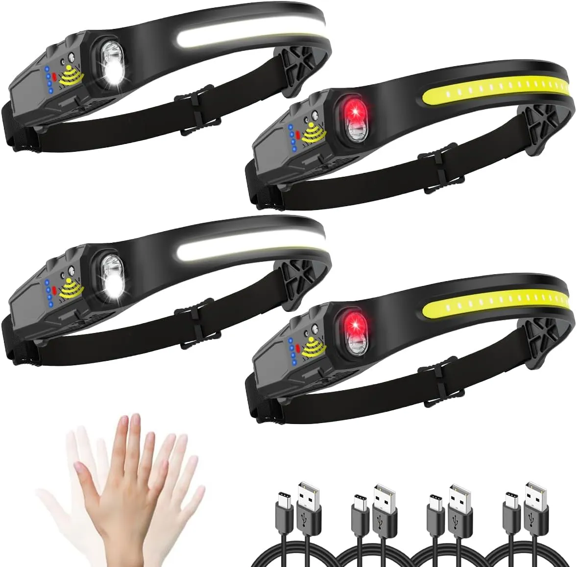 Headlamp Rechargeable 4Pack, LED Headlamp with Motion Sensor, 5Mode Headlamps for Adults, 230° COB Wide Beam Headlight, Bright Head Flashlight for Camping Accessories Gear, Hiking, Fishing, Running