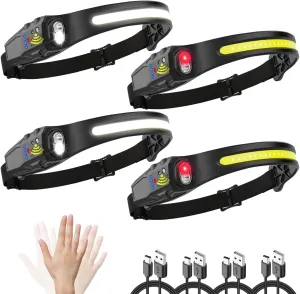 Headlamp Rechargeable 4Pack, LED Headlamp with Motion Sensor, 5Mode Headlamps for Adults, 230° COB Wide Beam Headlight, Bright Head Flashlight for Camping Accessories Gear, Hiking, Fishing, Running