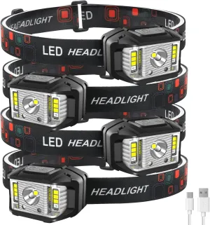 Headlamp Rechargeable, High Lumen Super Bright Motion Sensor LED Head Lamp Flashlight, Waterproof Headlight with White Red Light,14 Modes Head Lights for Camping Fishing Running- 4 Pack