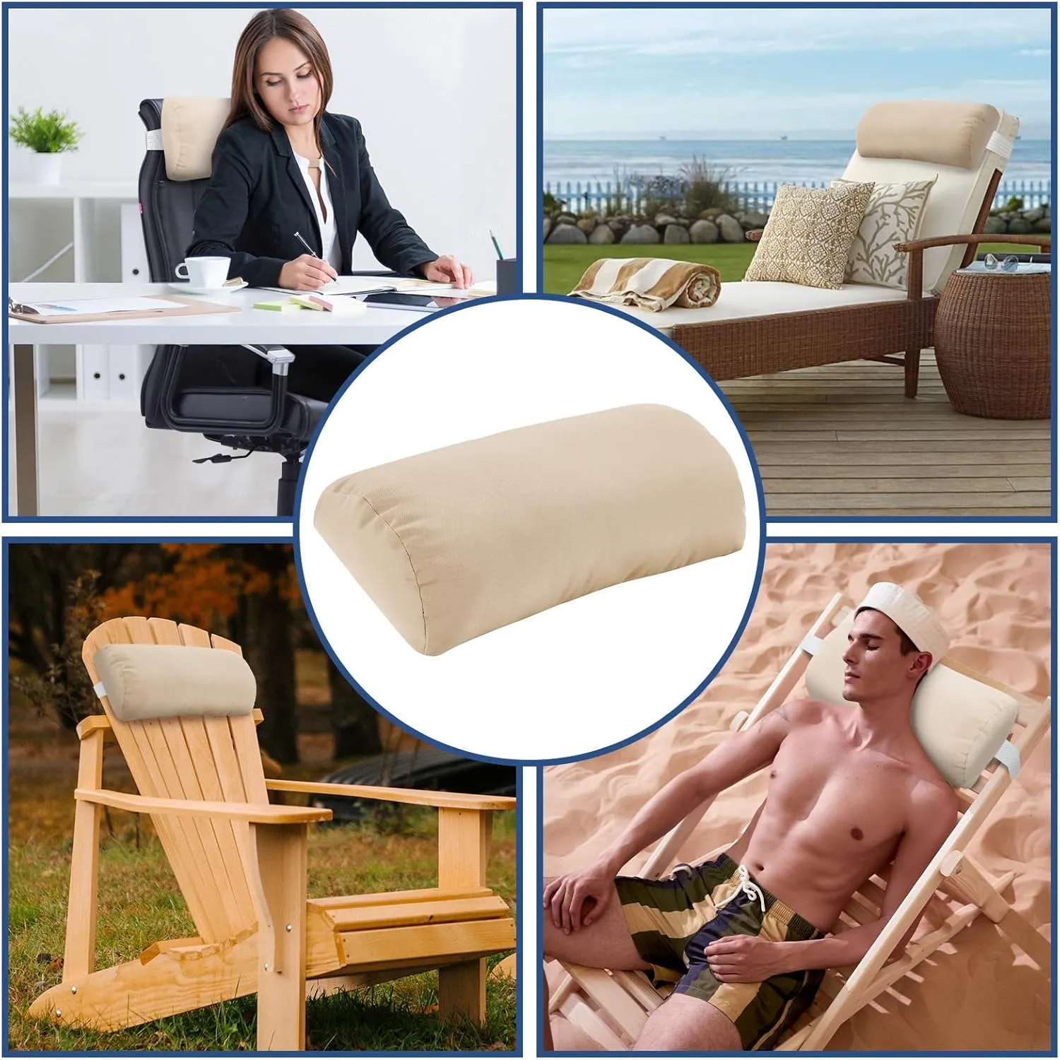 Headrest Pillow for Patio Chaise Lounge, 2 Packs Head Pillow with Elastic Band for Zero Gravity Lounge Chair, Head Neck Rest Pillow Lumbar Pillow, Beige