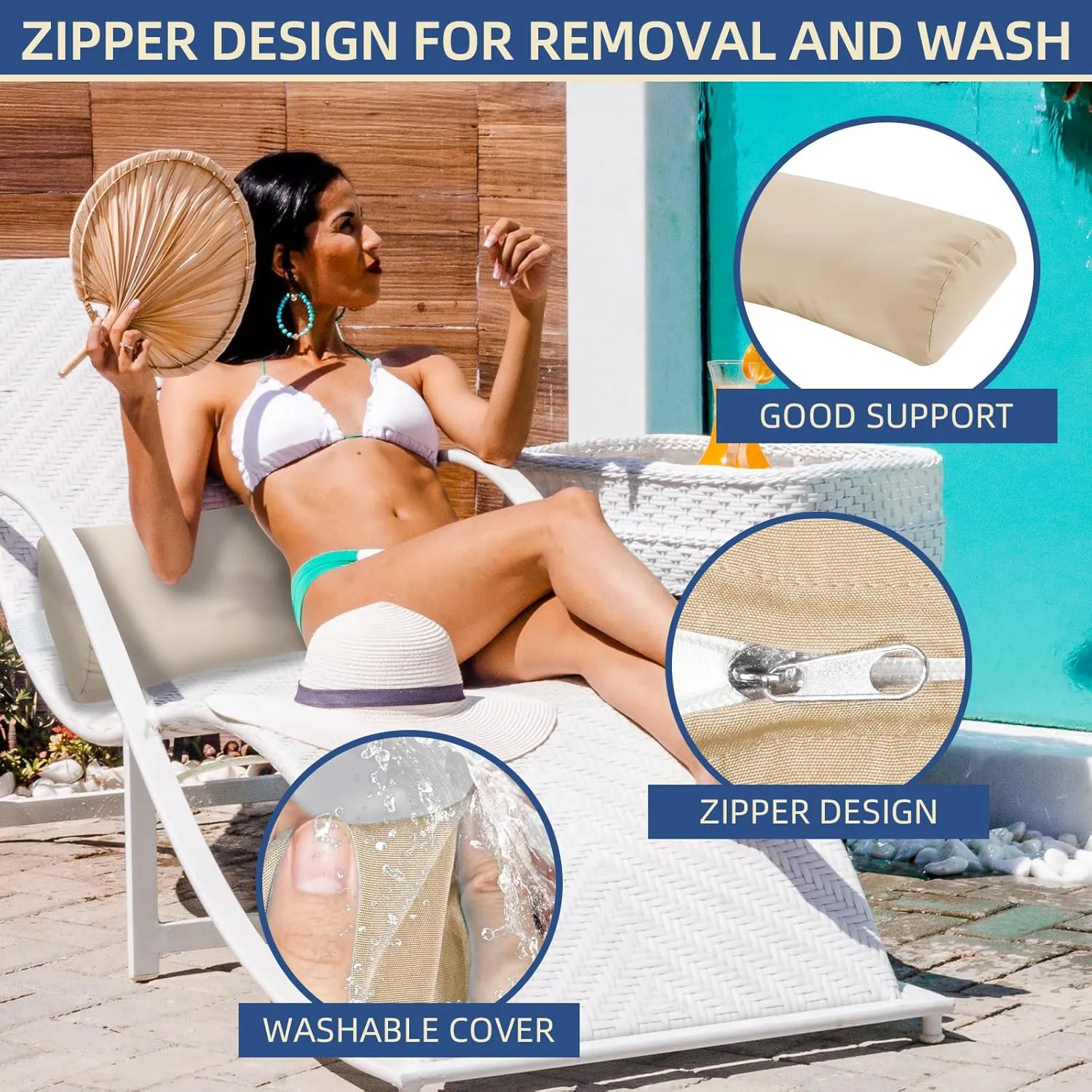 Headrest Pillow for Patio Chaise Lounge, 2 Packs Head Pillow with Elastic Band for Zero Gravity Lounge Chair, Head Neck Rest Pillow Lumbar Pillow, Beige