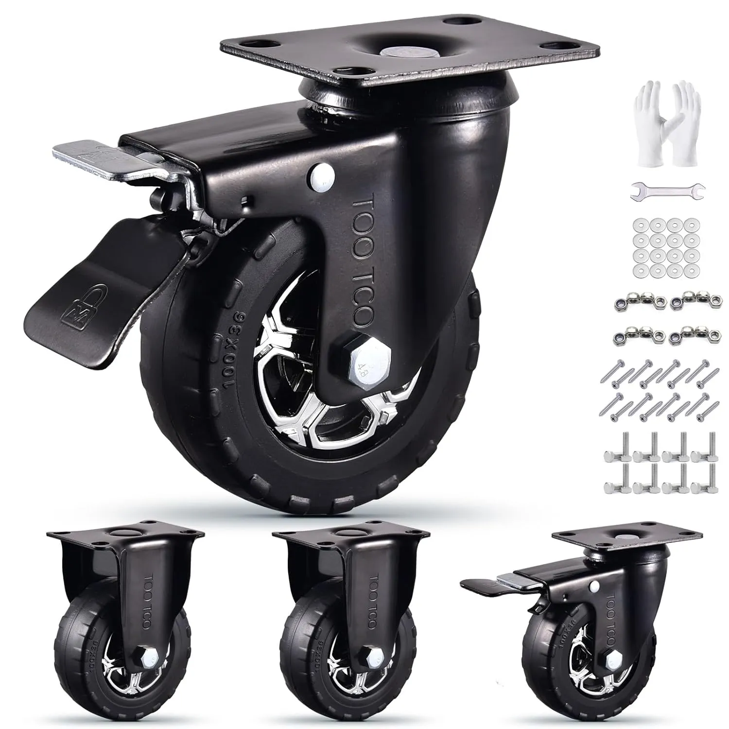 Heavy Duty 4 Inch Caster Wheels Set of 4 2200Lbs Capacity Silent Swivel with brake & Rigid TPR Rubber Wheels Locking Industrial Plate Casters for Cart Furniture Workbench 2 Fixed & 2 Swivel with Brake