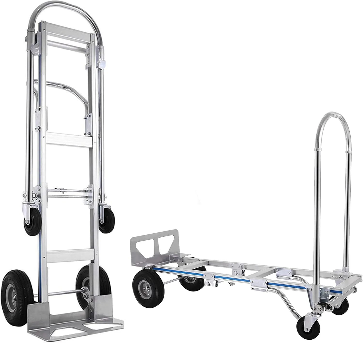 Heavy Duty Aluminum Hand Truck, Industrial Convertible Hand Truck Dolly Large Size, Utility Cart Converts from Hand Truck to Platform Cart with 10" Hi Tech Rubber Wheels