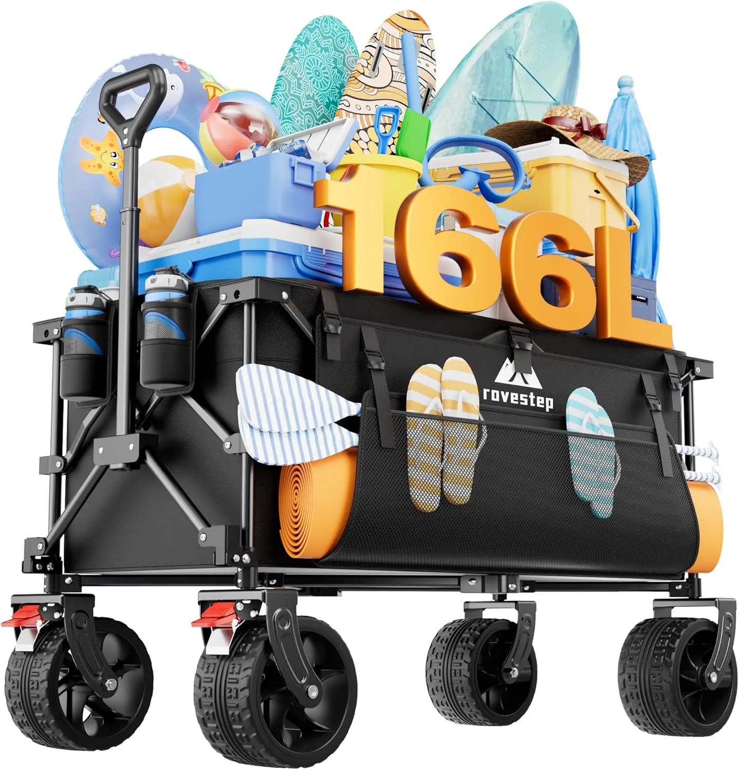 Heavy Duty Collapsible Beach Wagon with Big Wheels – All-Terrain Foldable Utility Cart, 166L Capacity, 450lbs Load Folding Wagon for Sand, for Outdoor, Gardening, Camping, Sports, and Grocery