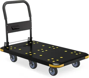 Heavy-Duty Foldable Platform Cart with 6 Wheels & 2000LB Capacity - 360° Swivel & Fixed Casters, Collapsible Push Cart Dolly Black Plastic Trolley, 5" Wheels, Spare Tire & Anti-Collision Corners