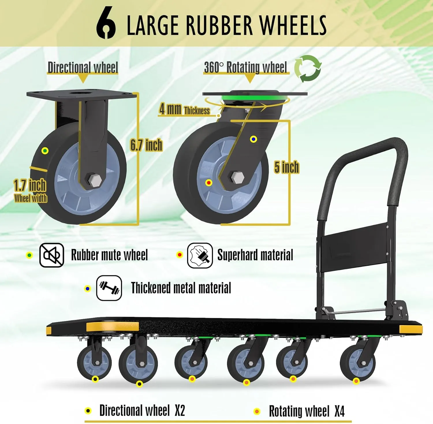 Heavy-Duty Foldable Platform Cart with 6 Wheels & 2000LB Capacity - 360° Swivel & Fixed Casters, Collapsible Push Cart Dolly Black Plastic Trolley, 5" Wheels, Spare Tire & Anti-Collision Corners