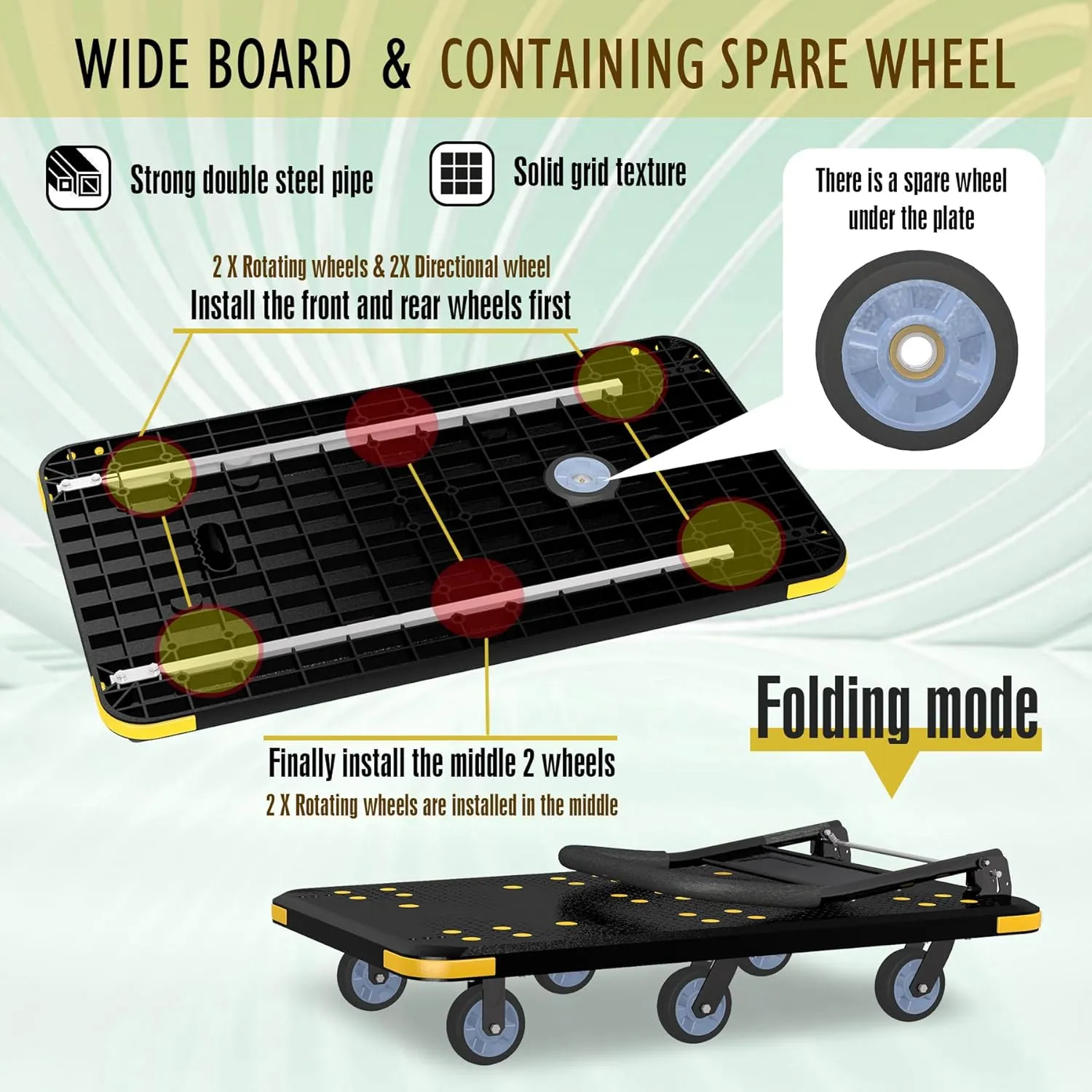 Heavy-Duty Foldable Platform Cart with 6 Wheels & 2000LB Capacity - 360° Swivel & Fixed Casters, Collapsible Push Cart Dolly Black Plastic Trolley, 5" Wheels, Spare Tire & Anti-Collision Corners