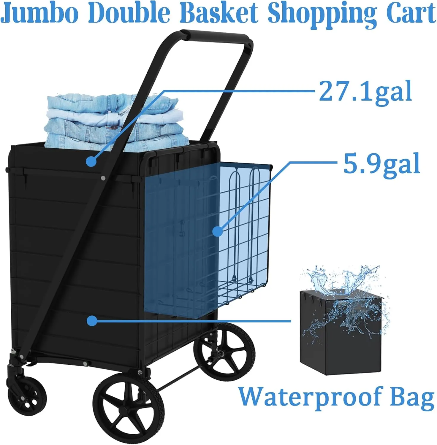Heavy Duty Folding Shopping Cart for Groceries, Jumbo Grocery Carts with 360° Swivel Wheels, Waterproof Bag, Portable Utility Trolley for Daily, Laundry, Holds Up to 320 LBS