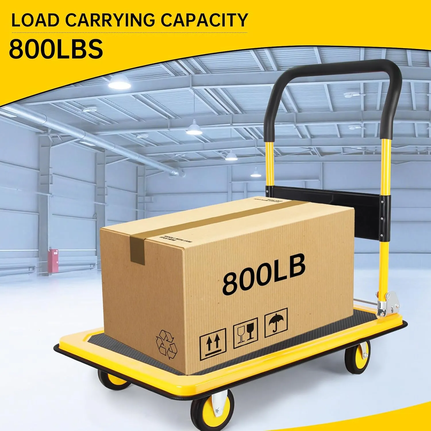 Heavy Duty Steel Platform Truck Cart with 800 lbs Weight Capacity and 360 Degree Swivel Wheels, Foldable Push Hand Cart for Loading and Storage, Reinforced Base Plate