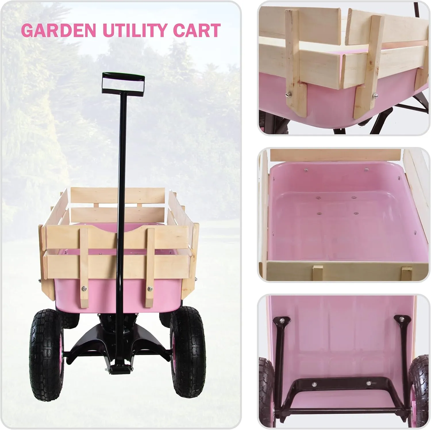 Heavy Duty Steel Wooden Side Support Cargo Wagon with 10” All-Terrain Air Tires, Up to 176lb Haul Capacity, Effortless Foldable Handle Cart for Towing Kids Toys, Gardening Supplies (Pink)