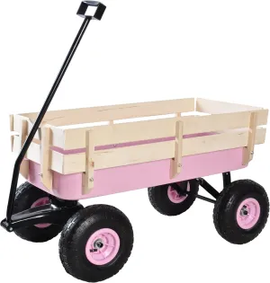 Heavy Duty Steel Wooden Side Support Cargo Wagon with 10” All-Terrain Air Tires, Up to 176lb Haul Capacity, Effortless Foldable Handle Cart for Towing Kids Toys, Gardening Supplies (Pink)