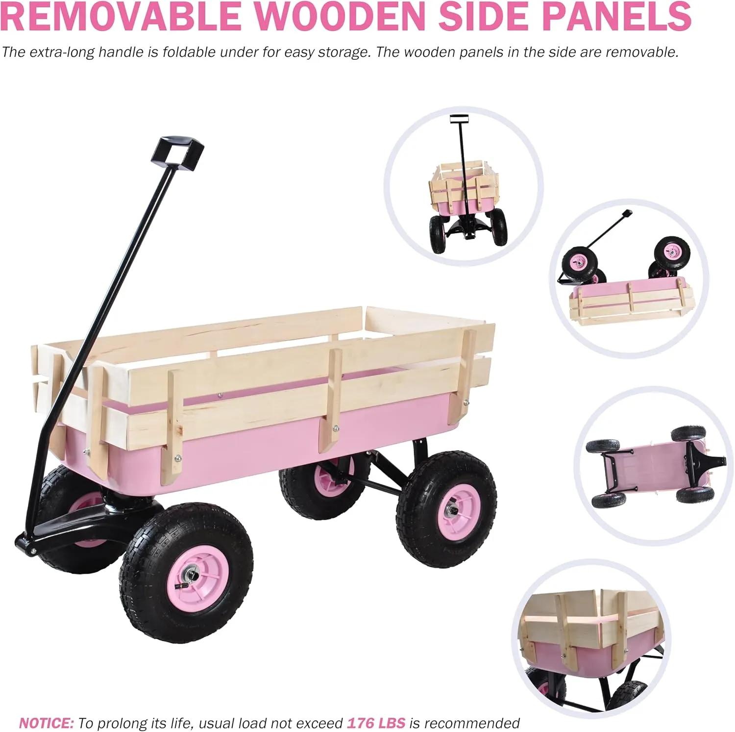 Heavy Duty Steel Wooden Side Support Cargo Wagon with 10” All-Terrain Air Tires, Up to 176lb Haul Capacity, Effortless Foldable Handle Cart for Towing Kids Toys, Gardening Supplies (Pink)