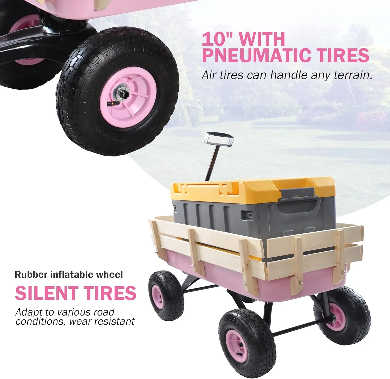 Heavy Duty Steel Wooden Side Support Cargo Wagon with 10” All-Terrain Air Tires, Up to 176lb Haul Capacity, Effortless Foldable Handle Cart for Towing Kids Toys, Gardening Supplies (Pink)