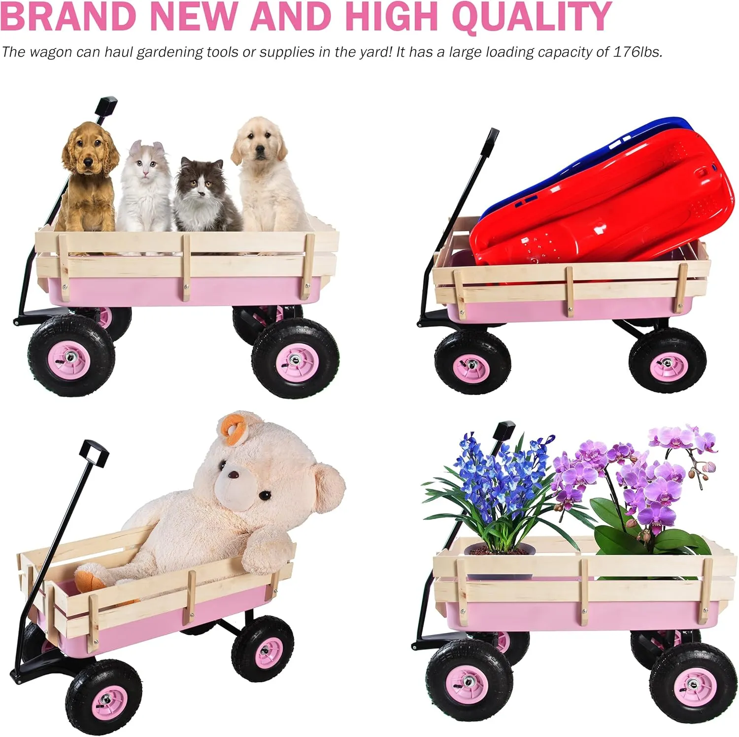 Heavy Duty Steel Wooden Side Support Cargo Wagon with 10” All-Terrain Air Tires, Up to 176lb Haul Capacity, Effortless Foldable Handle Cart for Towing Kids Toys, Gardening Supplies (Pink)