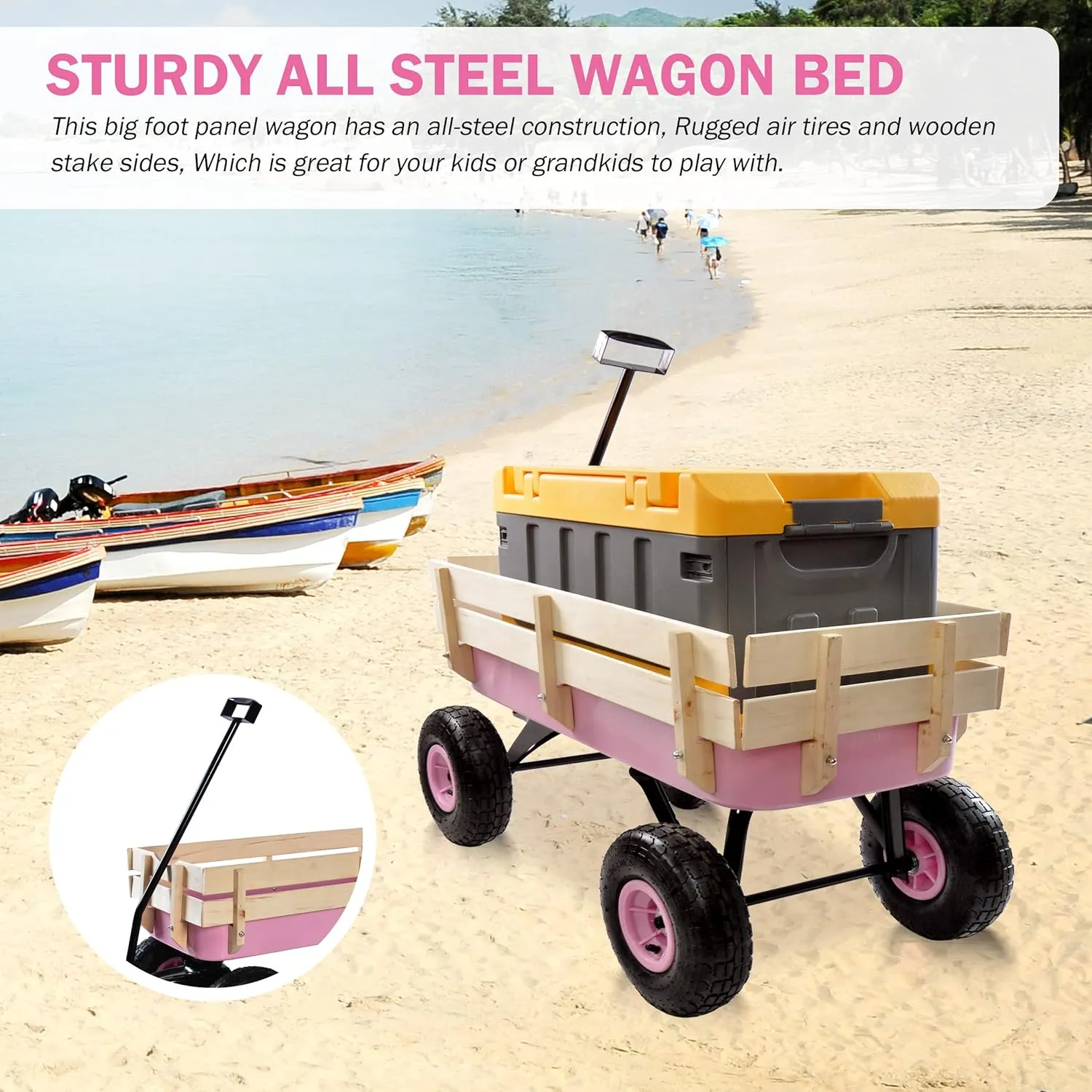 Heavy Duty Steel Wooden Side Support Cargo Wagon with 10” All-Terrain Air Tires, Up to 176lb Haul Capacity, Effortless Foldable Handle Cart for Towing Kids Toys, Gardening Supplies (Pink)