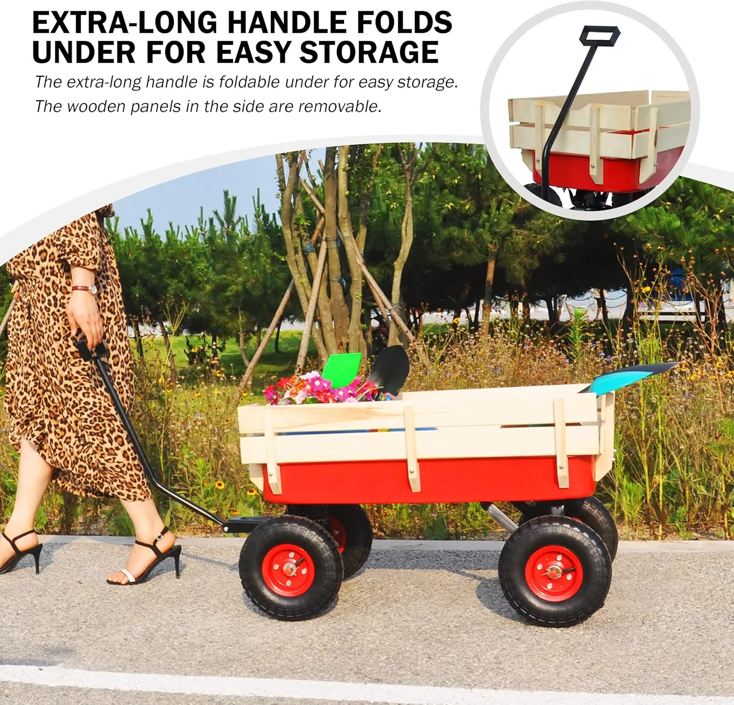 Heavy Duty Steel Wooden Side Support Cargo Wagon with 10” All-Terrain Air Tires, Up to 176lb Haul Capacity, Effortless Foldable Handle Cart for Towing Kids Toys, Gardening Supplies (Red)