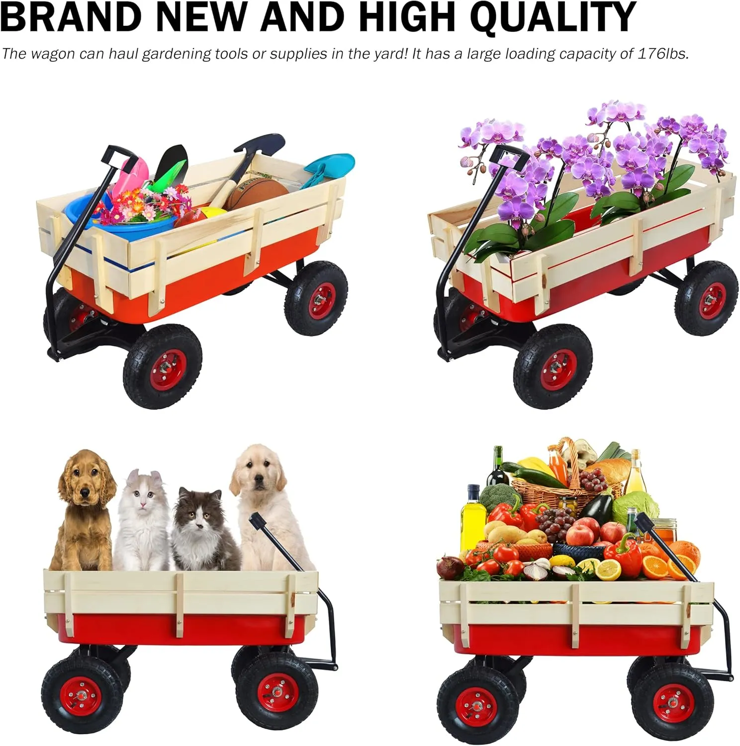 Heavy Duty Steel Wooden Side Support Cargo Wagon with 10” All-Terrain Air Tires, Up to 176lb Haul Capacity, Effortless Foldable Handle Cart for Towing Kids Toys, Gardening Supplies (Red)