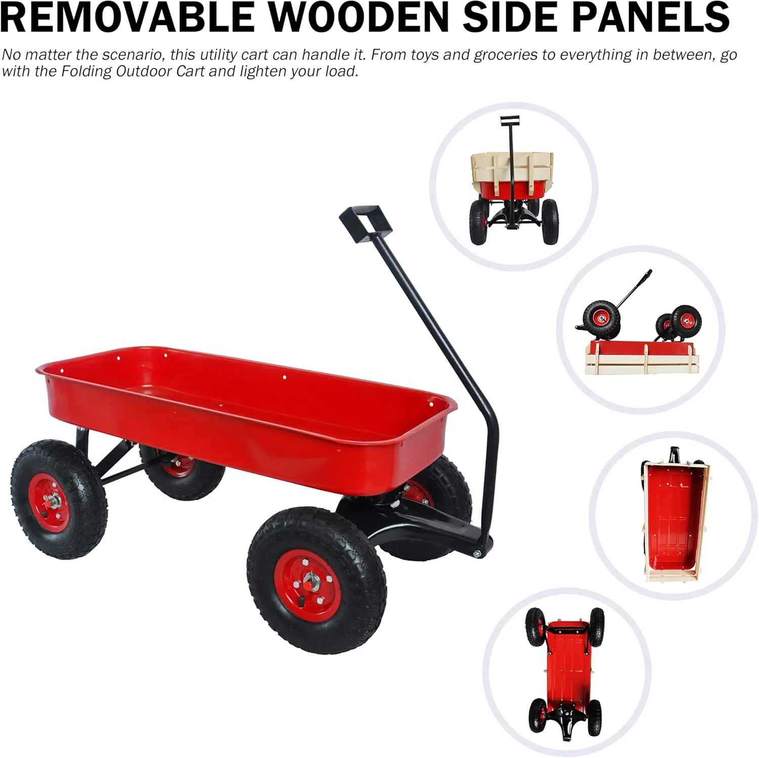 Heavy Duty Steel Wooden Side Support Cargo Wagon with 10” All-Terrain Air Tires, Up to 176lb Haul Capacity, Effortless Foldable Handle Cart for Towing Kids Toys, Gardening Supplies (Red)