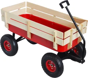 Heavy Duty Steel Wooden Side Support Cargo Wagon with 10” All-Terrain Air Tires, Up to 176lb Haul Capacity, Effortless Foldable Handle Cart for Towing Kids Toys, Gardening Supplies (Red)