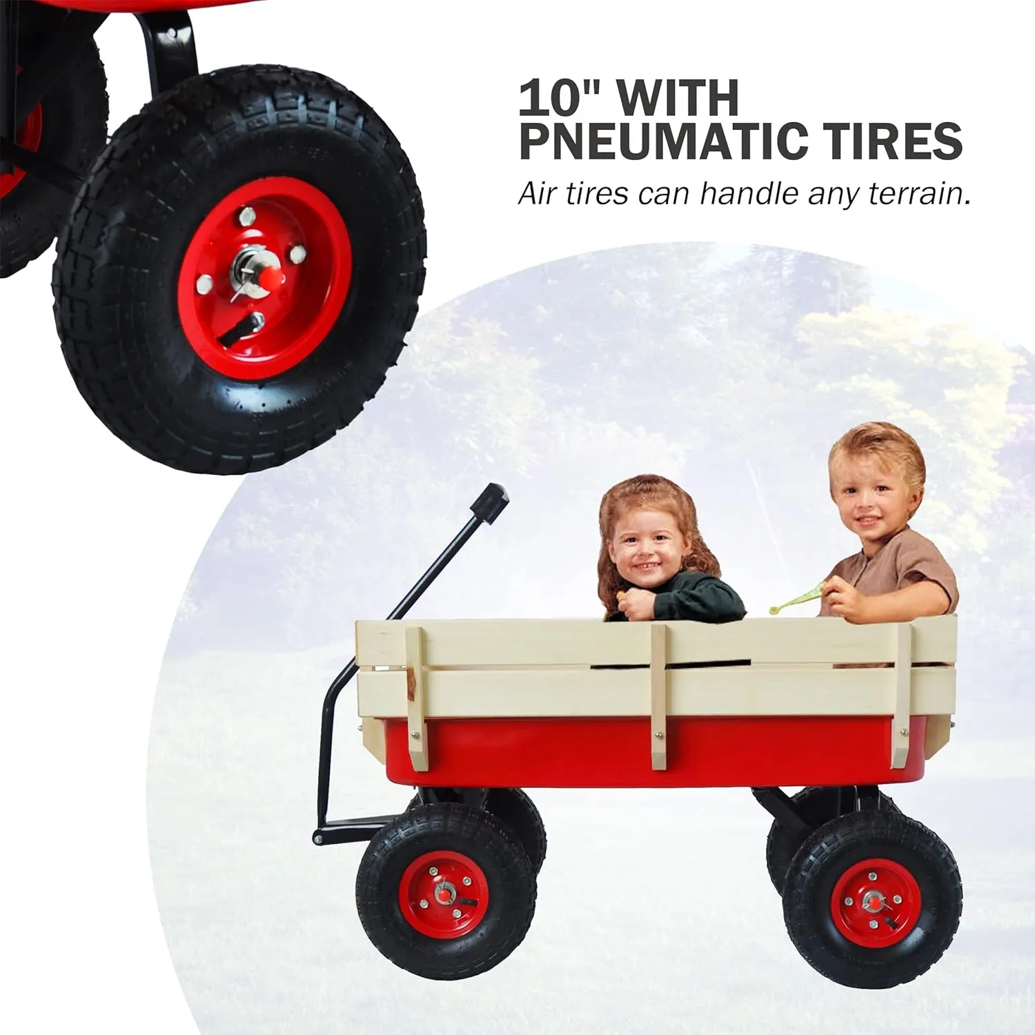 Heavy Duty Steel Wooden Side Support Cargo Wagon with 10” All-Terrain Air Tires, Up to 176lb Haul Capacity, Effortless Foldable Handle Cart for Towing Kids Toys, Gardening Supplies (Red)