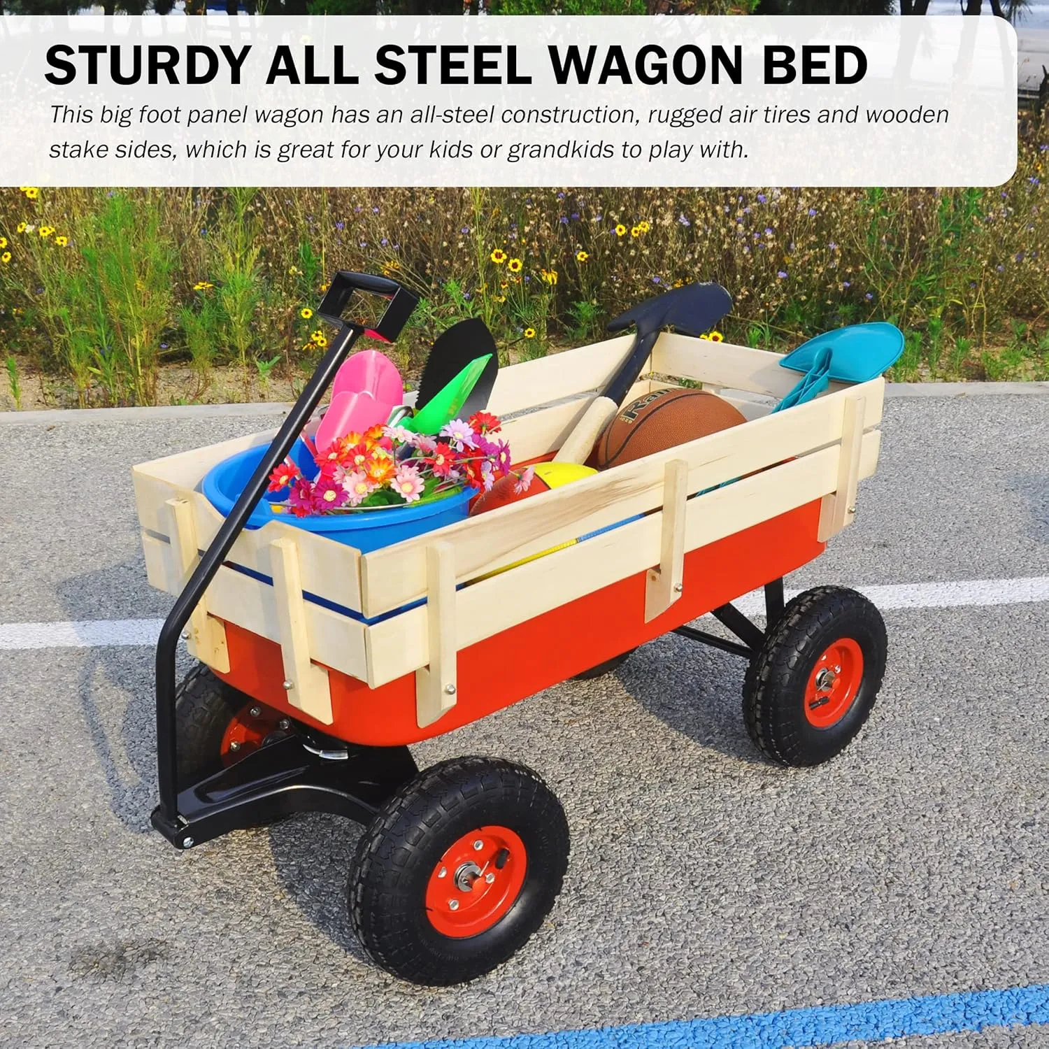 Heavy Duty Steel Wooden Side Support Cargo Wagon with 10” All-Terrain Air Tires, Up to 176lb Haul Capacity, Effortless Foldable Handle Cart for Towing Kids Toys, Gardening Supplies (Red)