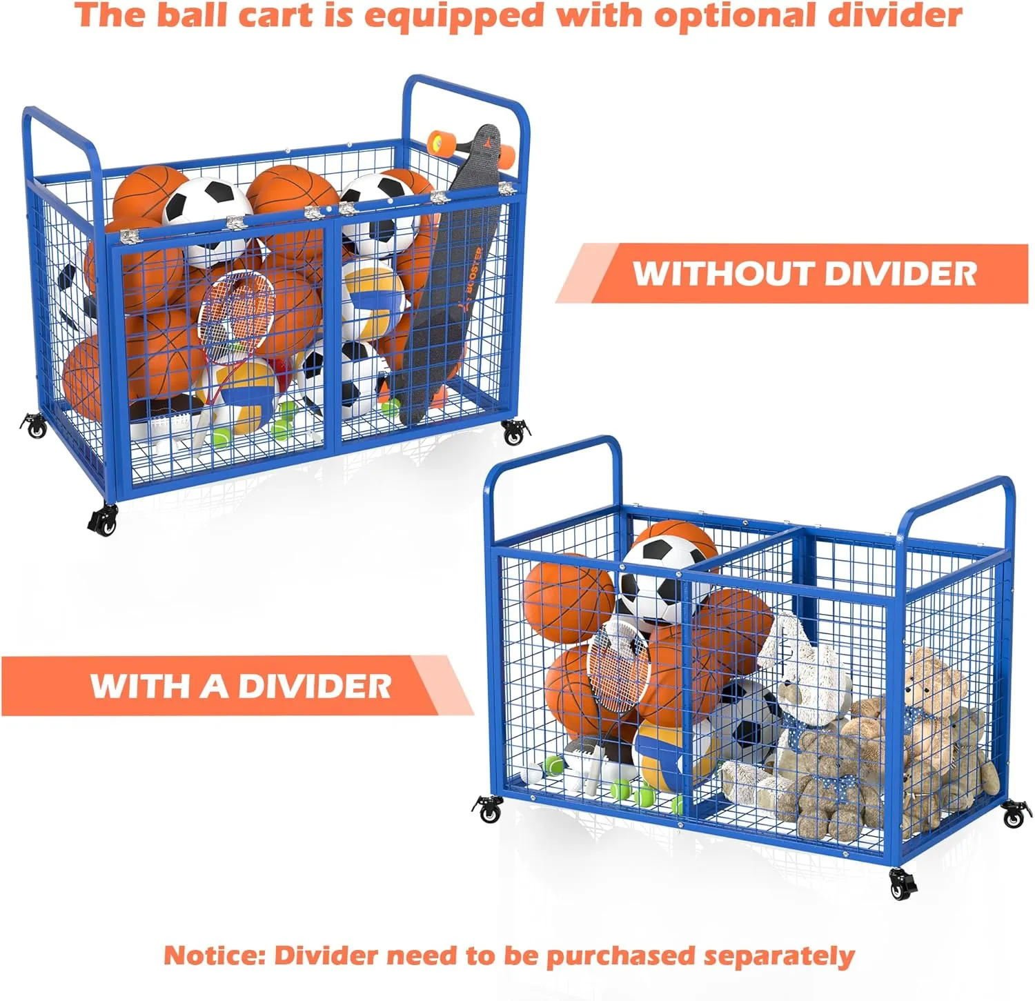 heodmaem Ball Cart Storage for Garage Compatible with Optional Divider, Extra Large Basketball Cage Bin for Indoor Outdoor, Heavy Duty Sports Equipment Organizer for Gym, School,Club