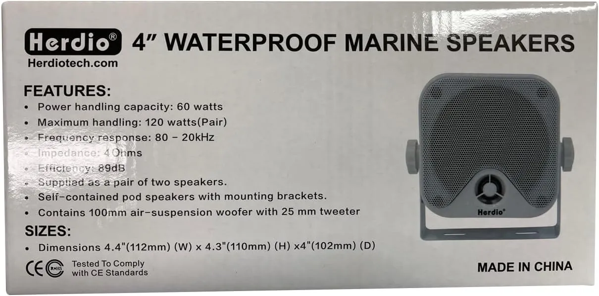 Herdio 4 Inches Marine Box Bluetooth Speakers -Compact Waterproof Audio Sound System with 100 Watt Power for Boat Golf cart Jeep ATV UTV Truck Heavy Duty Powersports Vehicles Courtyard (White)