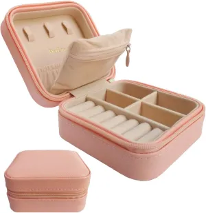 HerFav Travel Jewelry Organizer, Small Jewelry Box Mini Portable Jewelry Case for Rings Earrings & Necklace for Women Girls (Pink)