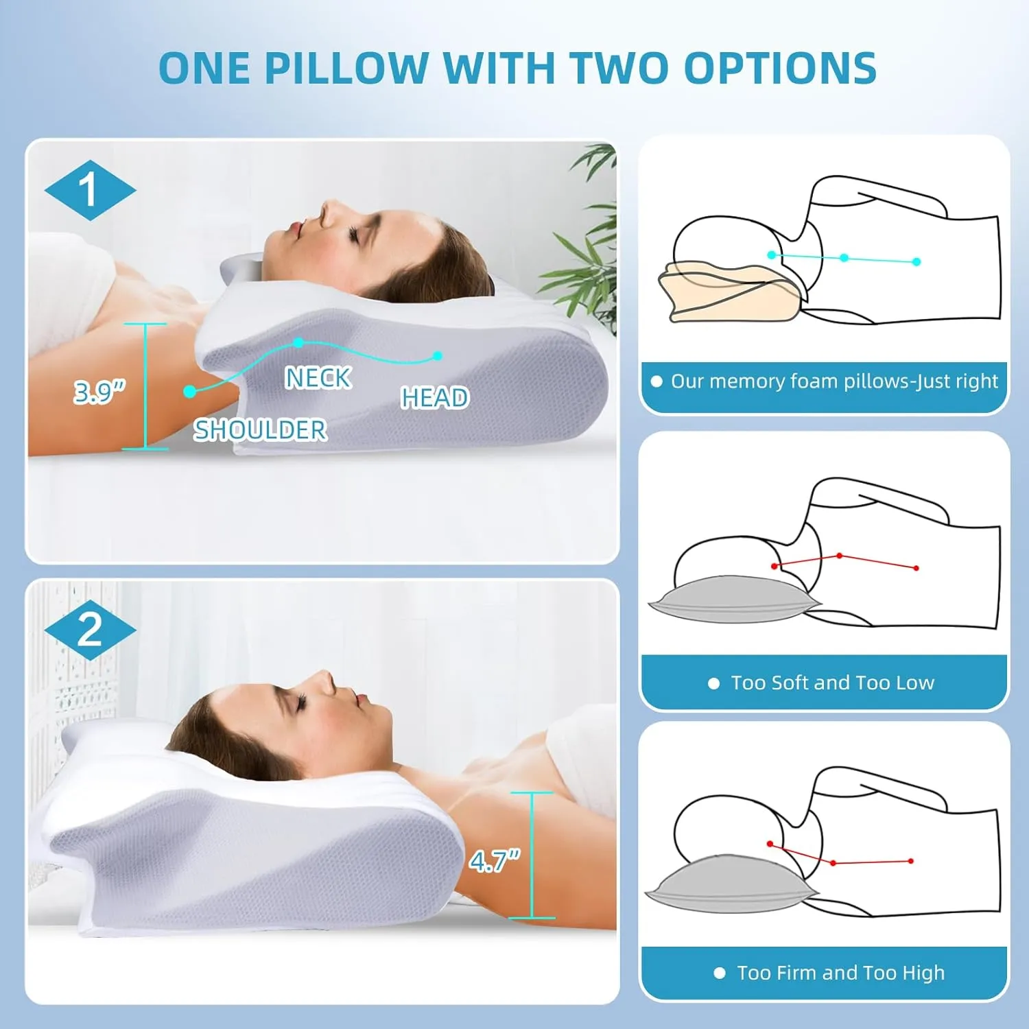 Hexus Cervical Neck Pillow for Neck Pain Relief, Memory Foam Pillows Contour Bed Pillow for Sleeping, Odorless Ergonomic Orthopedic Neck Support Pillows for Side Back Stomach Sleeper, Grey