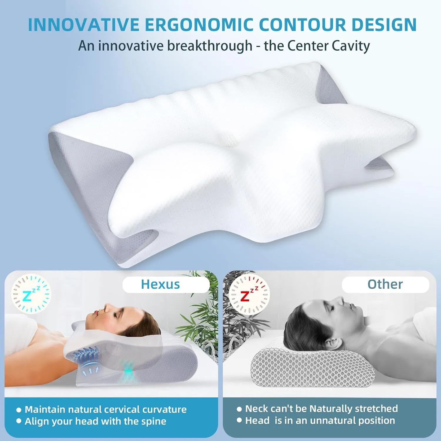 Hexus Cervical Neck Pillow for Neck Pain Relief, Memory Foam Pillows Contour Bed Pillow for Sleeping, Odorless Ergonomic Orthopedic Neck Support Pillows for Side Back Stomach Sleeper, Grey