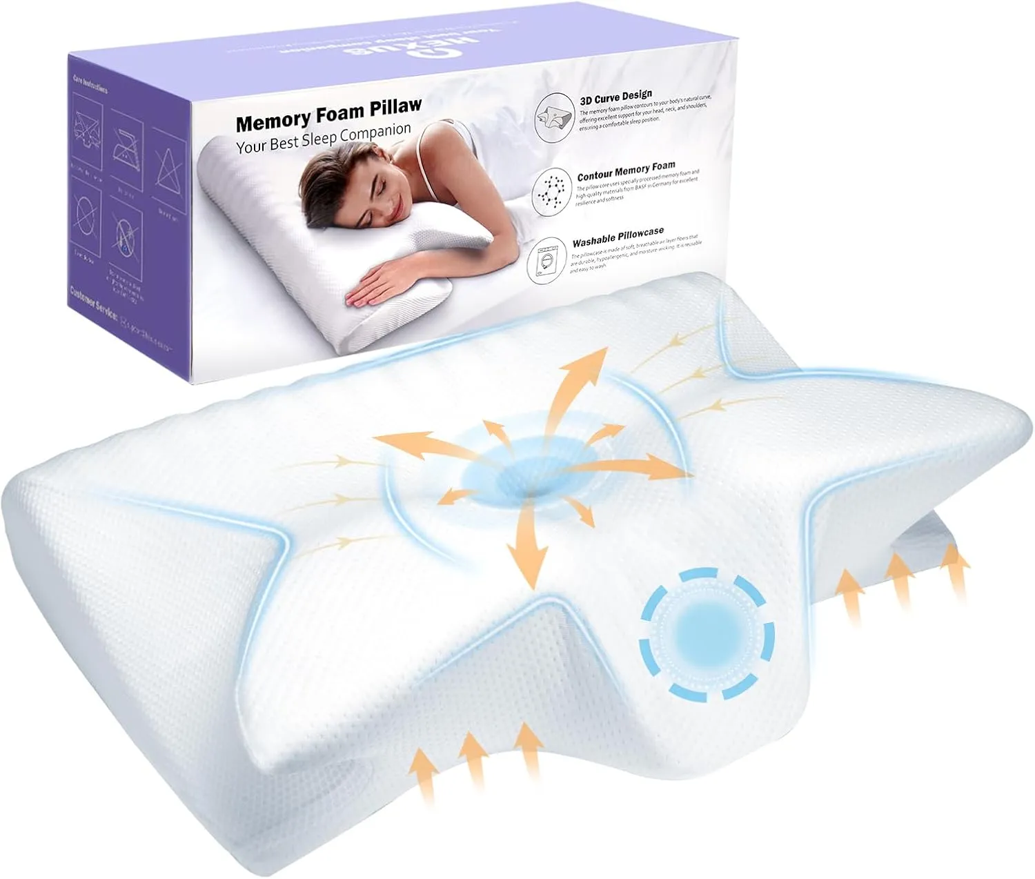 Hexus Cervical Pillow for Neck Pain Relief, Ergonomic Hollow Design, Odorless Memory Foam Pillow for Sleeping, Orthopedic Contour Neck Support Pillows for Side, Back, and Stomach Sleepers, White