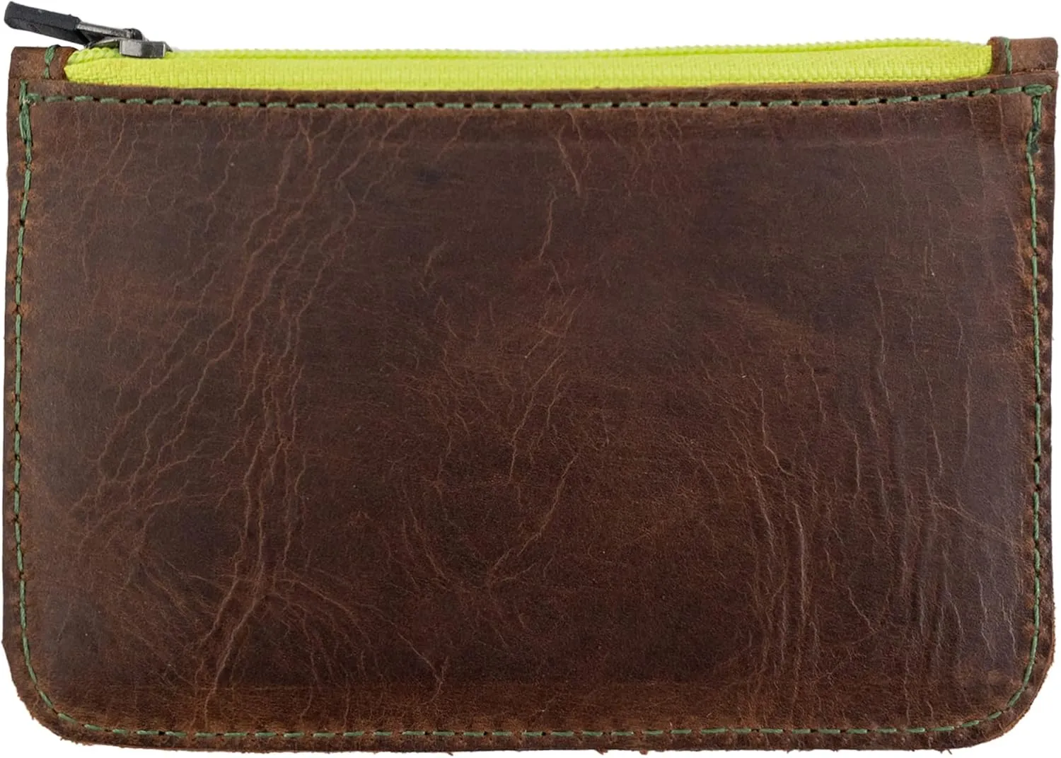 Hide & Drink, Zippered Wallet, Card Case, Folded Bills Storage, Coin Organizer, Travel Accessories, Full Grain Leather, Handmade, Bourbon Brown (Green Zipper)