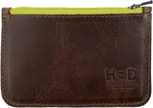 Hide & Drink, Zippered Wallet, Card Case, Folded Bills Storage, Coin Organizer, Travel Accessories, Full Grain Leather, Handmade, Bourbon Brown (Green Zipper)