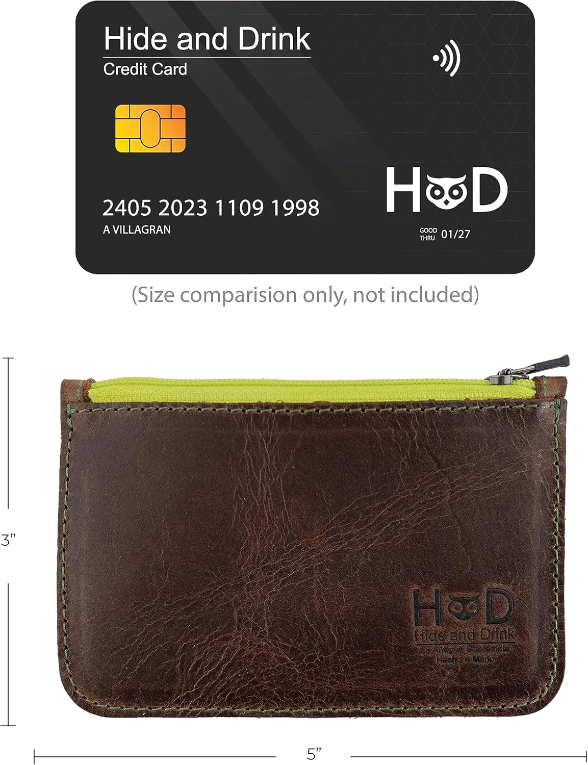 Hide & Drink, Zippered Wallet, Card Case, Folded Bills Storage, Coin Organizer, Travel Accessories, Full Grain Leather, Handmade, Bourbon Brown (Green Zipper)