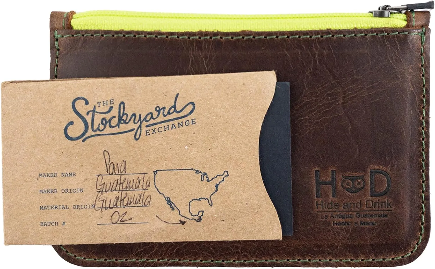 Hide & Drink, Zippered Wallet, Card Case, Folded Bills Storage, Coin Organizer, Travel Accessories, Full Grain Leather, Handmade, Bourbon Brown (Green Zipper)