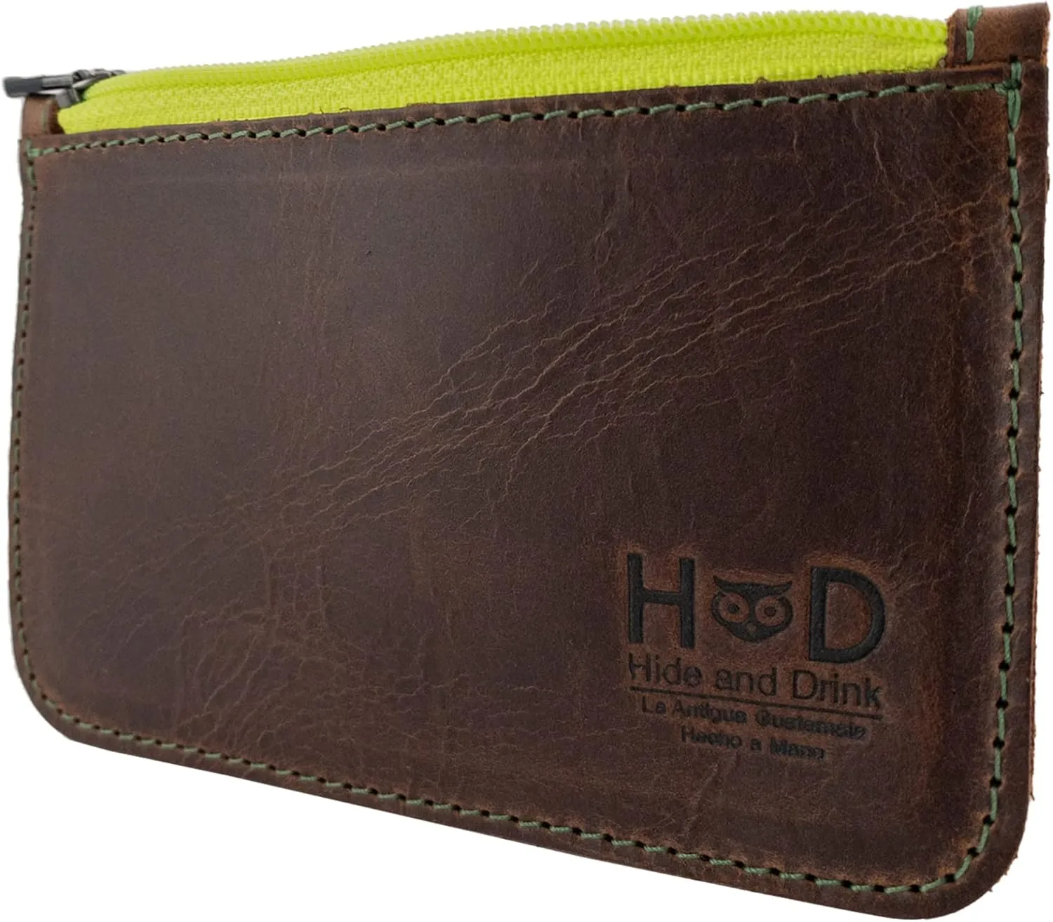 Hide & Drink, Zippered Wallet, Card Case, Folded Bills Storage, Coin Organizer, Travel Accessories, Full Grain Leather, Handmade, Bourbon Brown (Green Zipper)