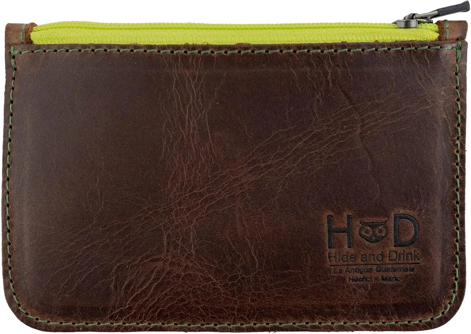 Hide & Drink, Zippered Wallet, Card Case, Folded Bills Storage, Coin Organizer, Travel Accessories, Full Grain Leather, Handmade, Bourbon Brown (Green Zipper)