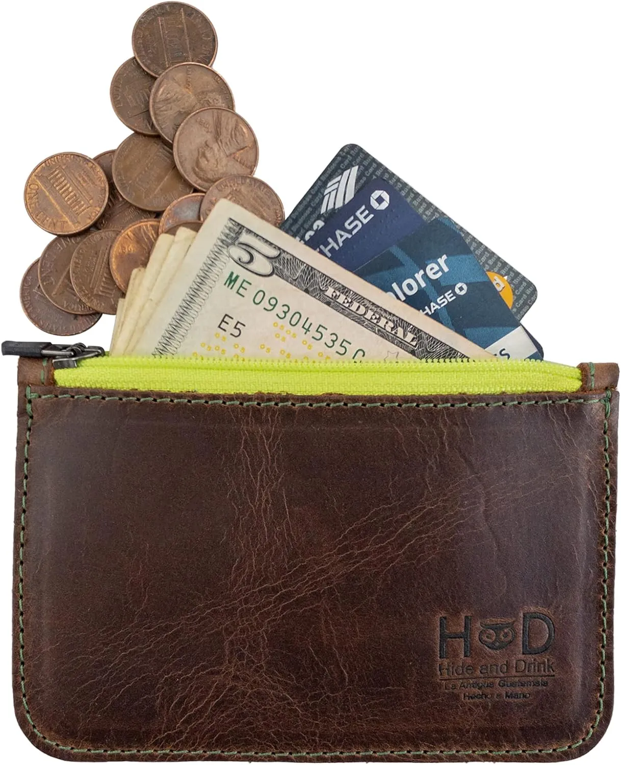 Hide & Drink, Zippered Wallet, Card Case, Folded Bills Storage, Coin Organizer, Travel Accessories, Full Grain Leather, Handmade, Bourbon Brown (Green Zipper)